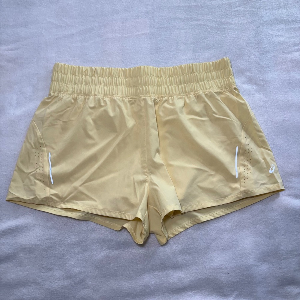 Asics Running Shorts Womens L Pastel Yellow Elastic Waist Reflective Zip Pocket